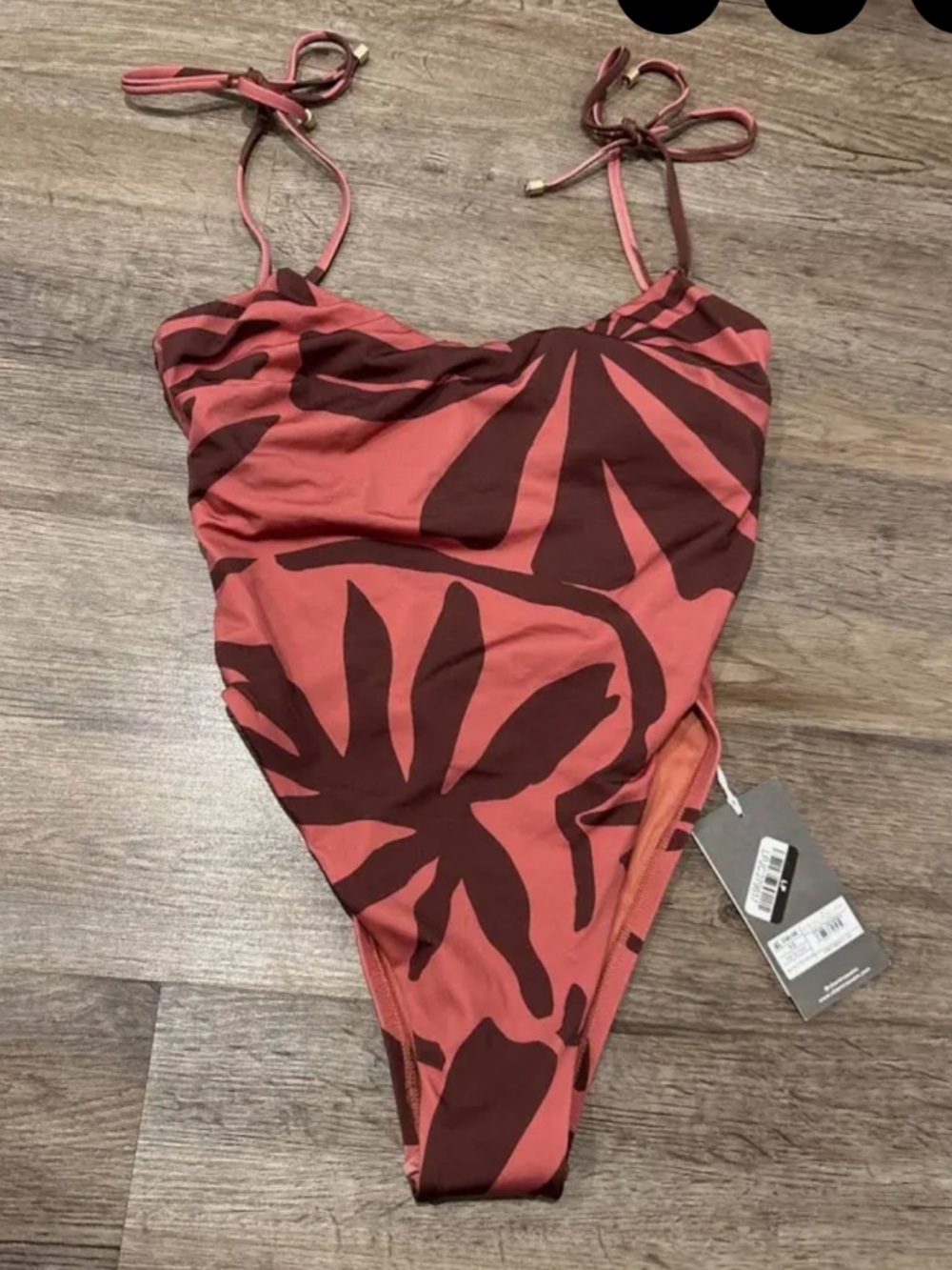 Vitamin A Coral and Brown Tropical Leaf One-Piece Swimsuit